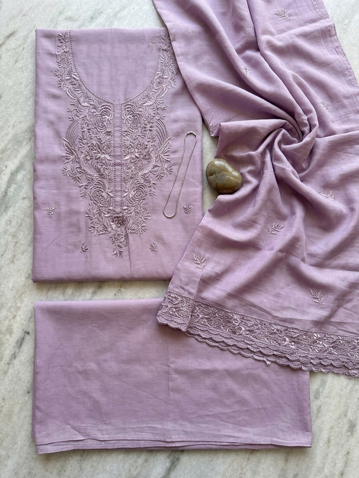 Embroidered Chanderi Unstitched Suit With Pant &amp; Dupatta