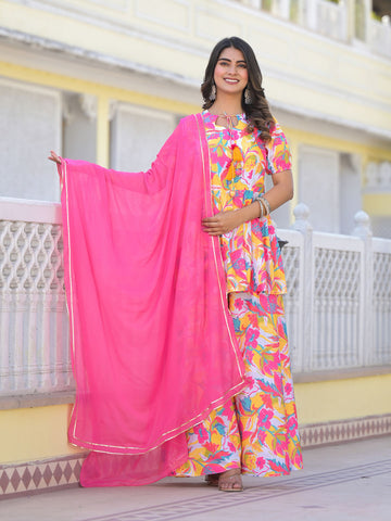 Floral Printed Cotton Kurta With Pants & Dupatta