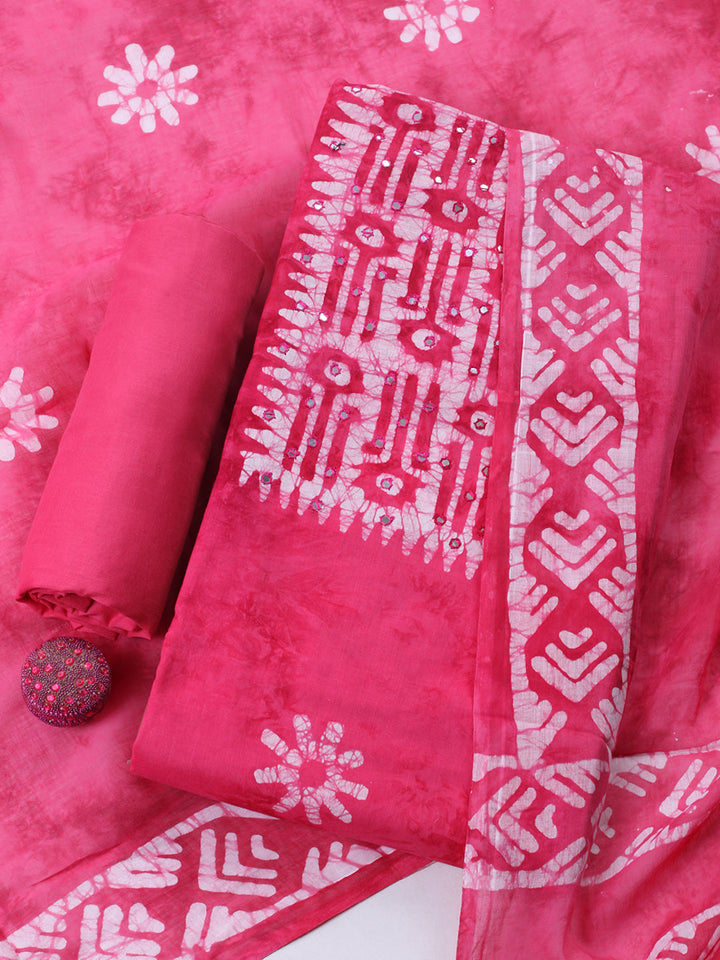 Printed Cotton Blend Unstitched Suit With Pant &amp; Dupatta