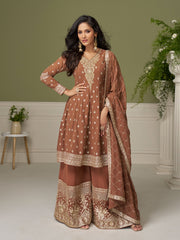 Embroidered Geogrette Kurta With Plazzo & Dupatta