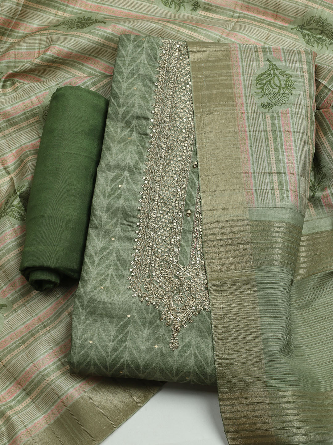 Embroidered Tussar Unstitched Kurta With Pant & Dupatta