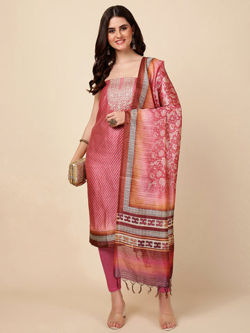 Neck Embroidery Chanderi Unstitched Suit With Dupatta