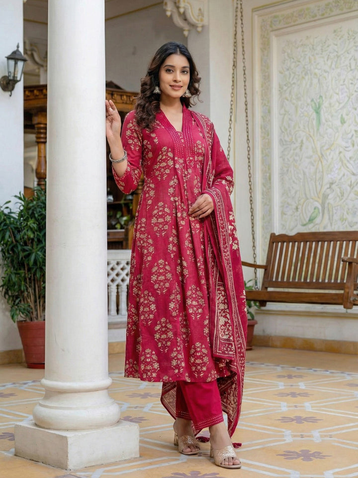 Wine Cotton Blend Printed Straight Suit Set