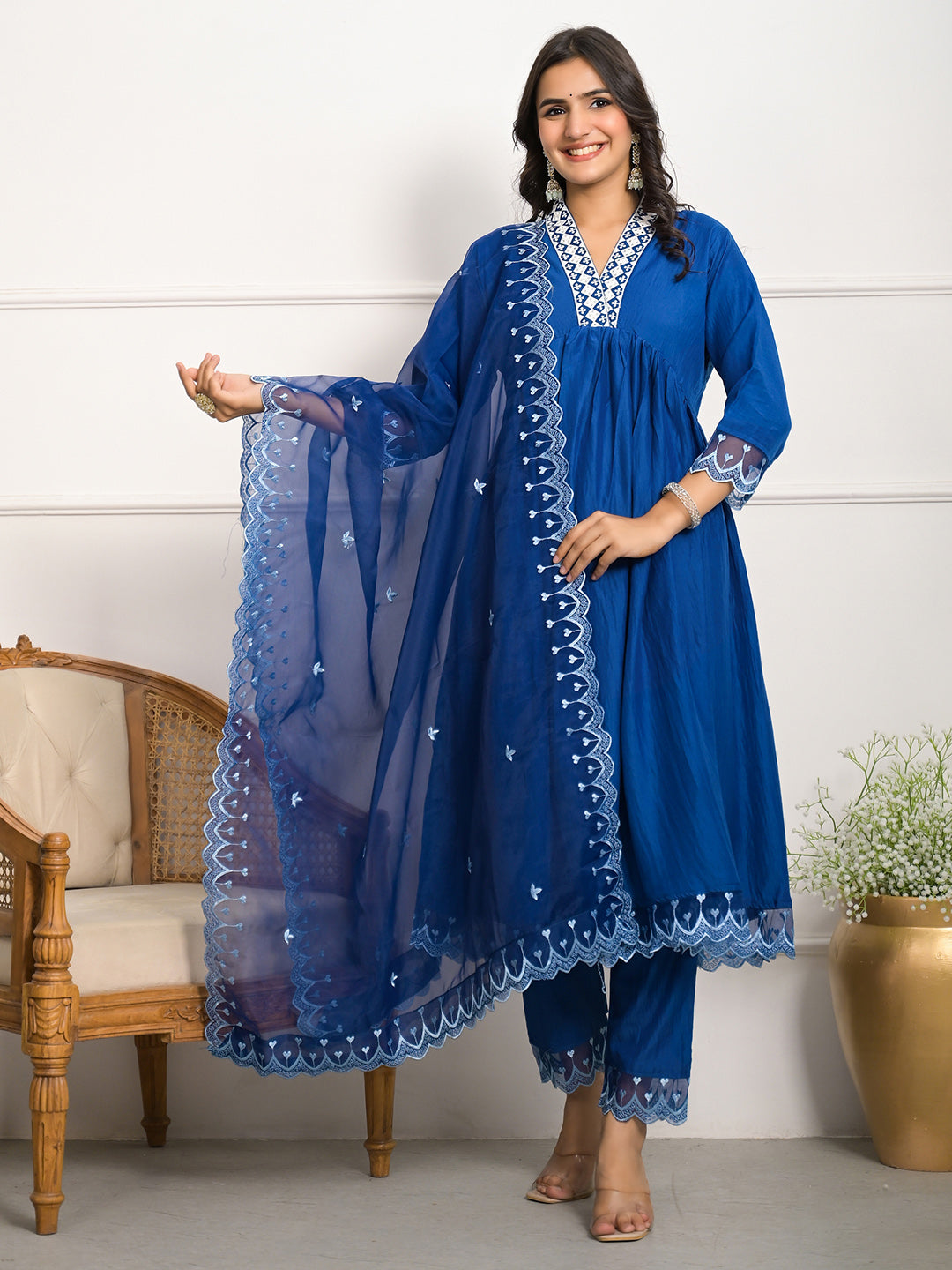 Neck Embroidery Muslin Kurta With Pants &amp; Dupatta