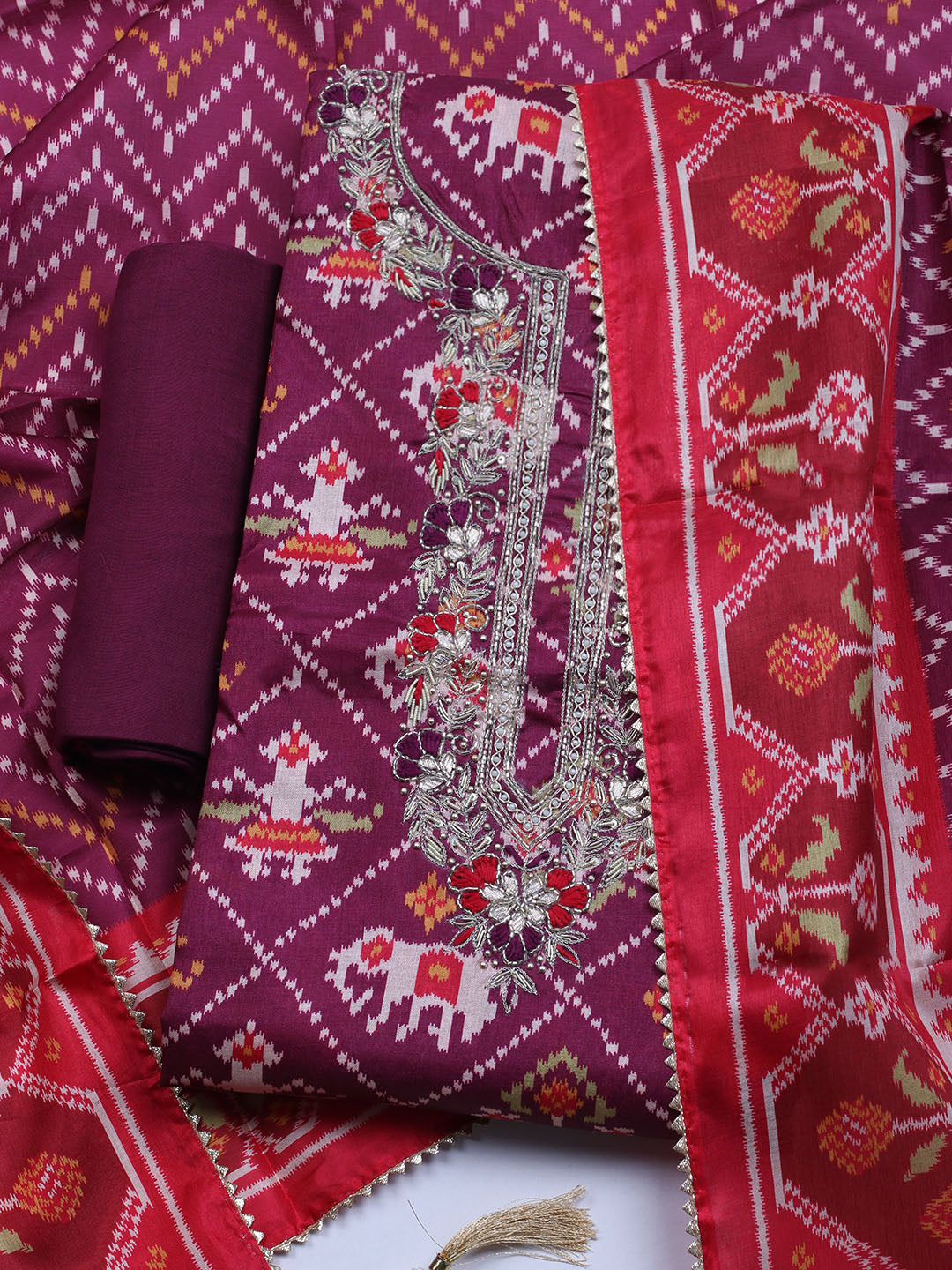 Patola Printed Tussar Unstitched Suit With Dupatta