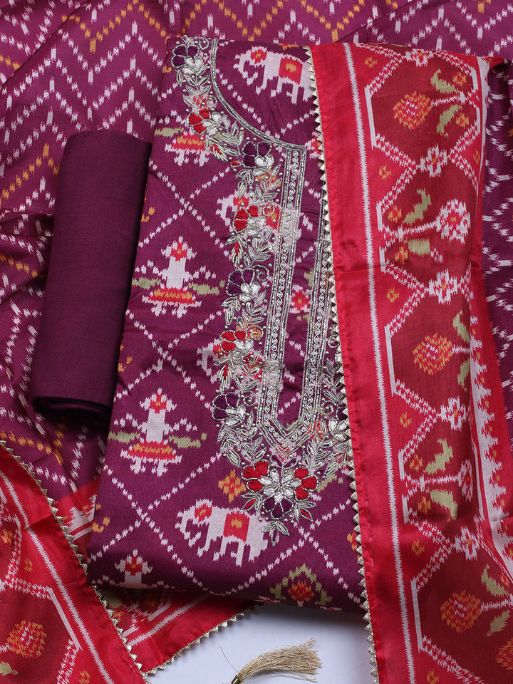 Patola Printed Tussar Unstitched Suit With Dupatta