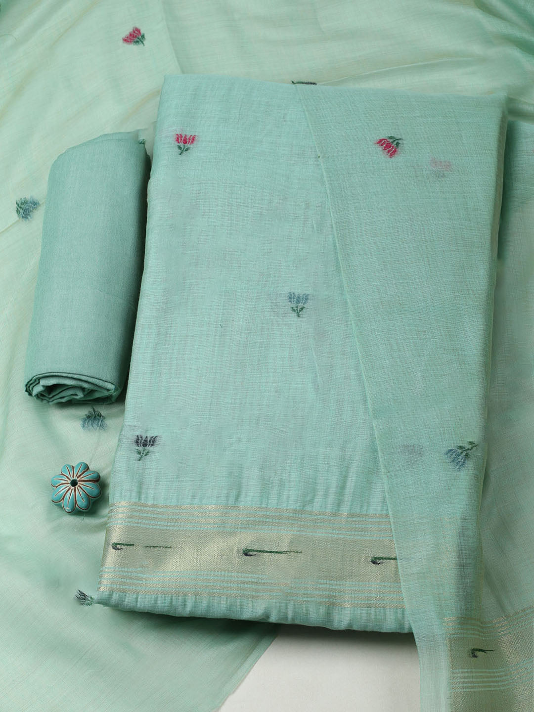 Embroidered Chanderi Unstitched Suit With Pant &amp; Dupatta