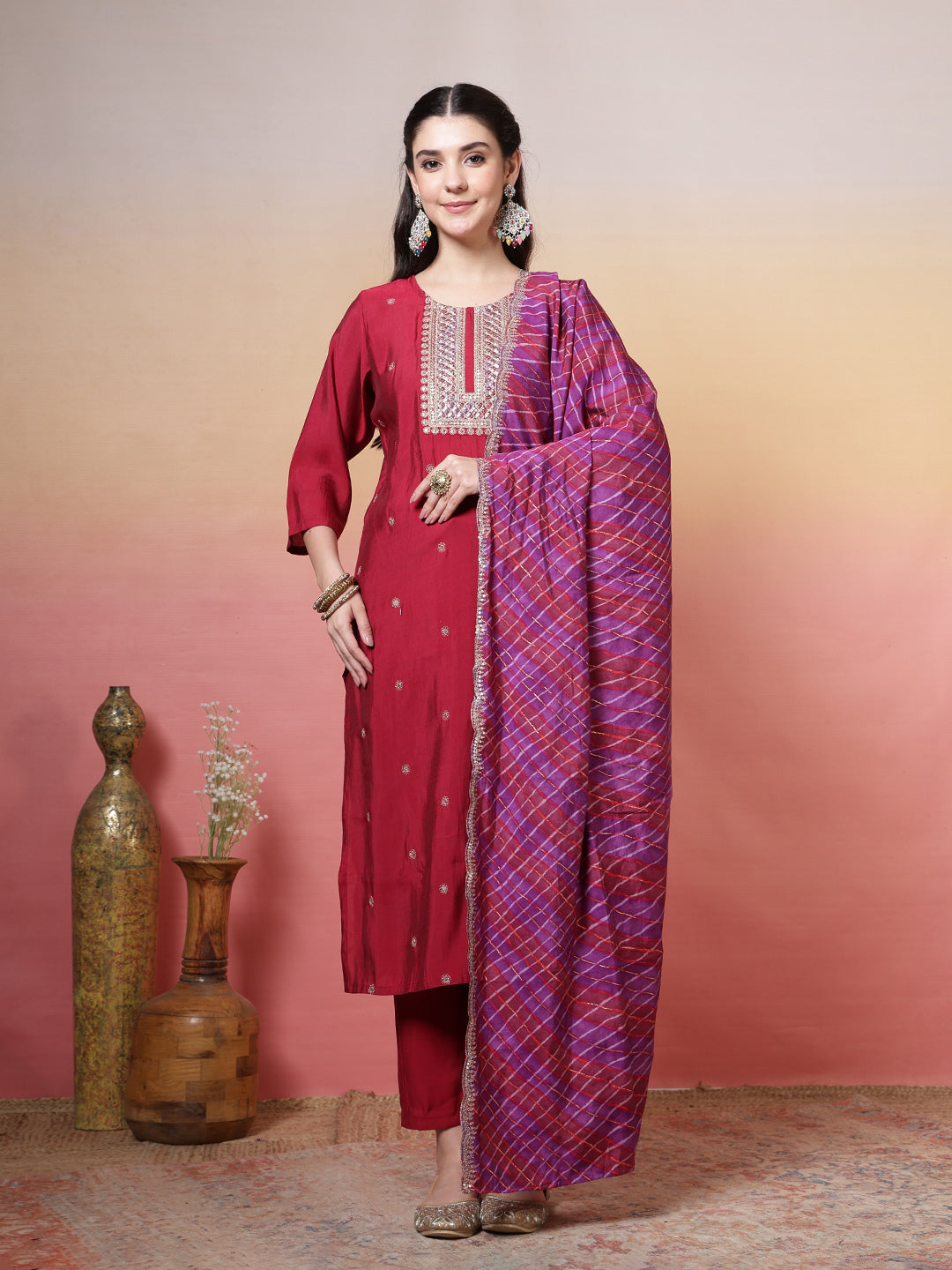 Printed Chanderi Kurta With Pants &amp; Dupatta