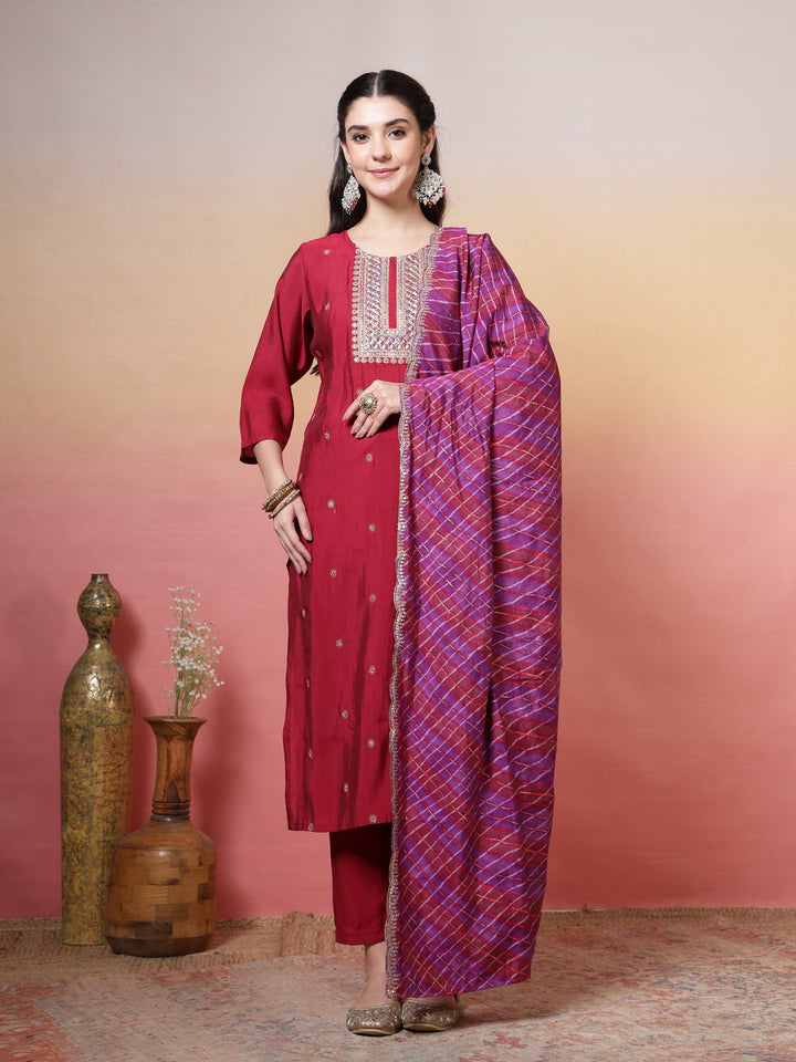 Printed Chanderi Kurta With Pants &amp; Dupatta