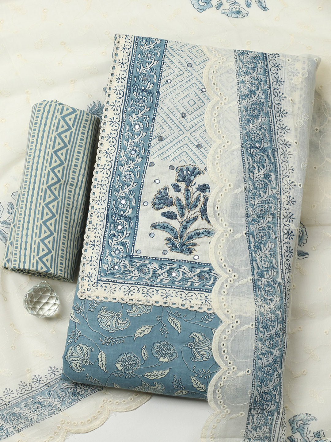 Printed Cotton Blend Unstitched Suit With Pant &amp; Dupatta