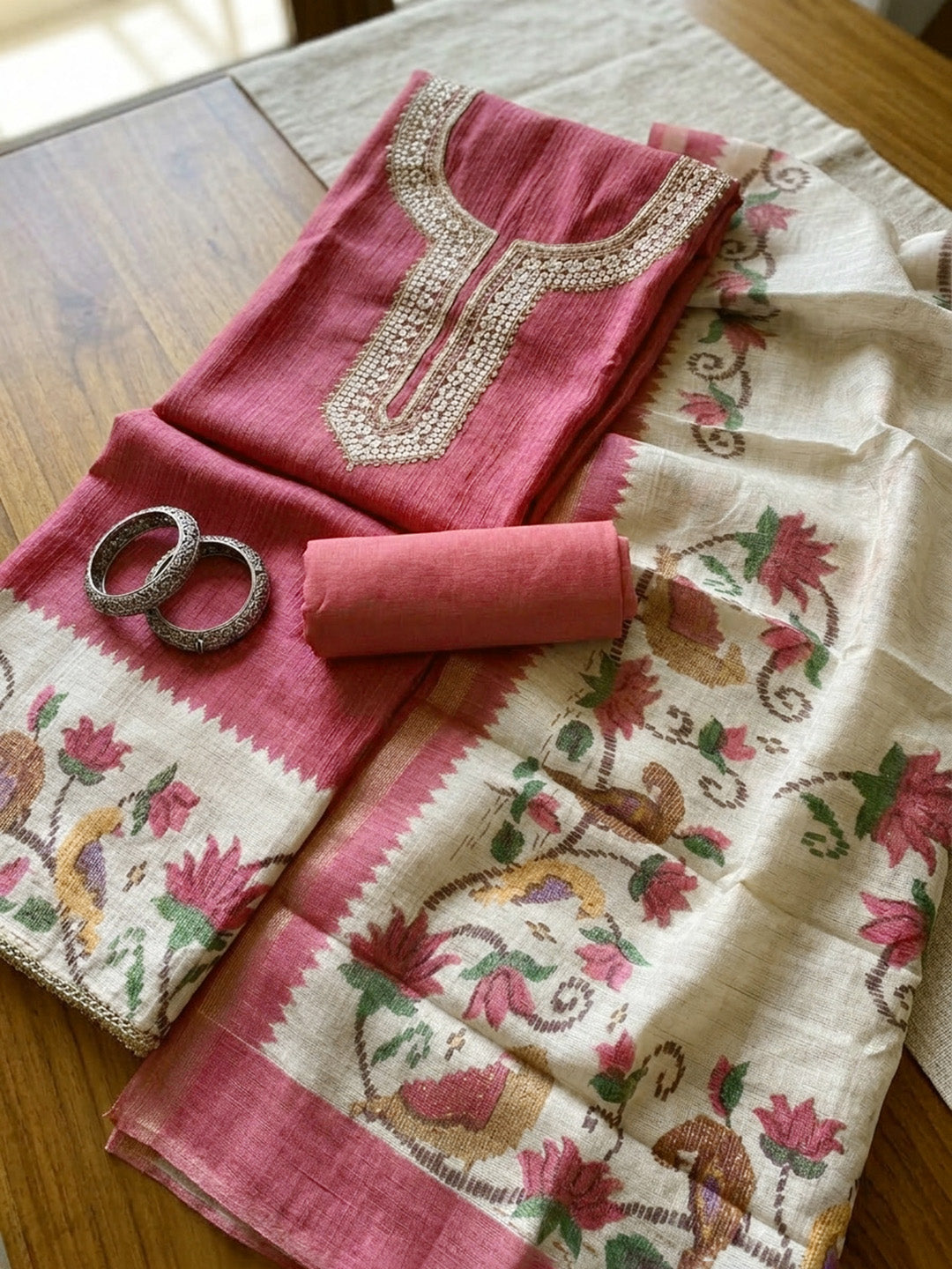 Embroidered Chanderi Unstitched Suit With Pant &amp; Dupatta