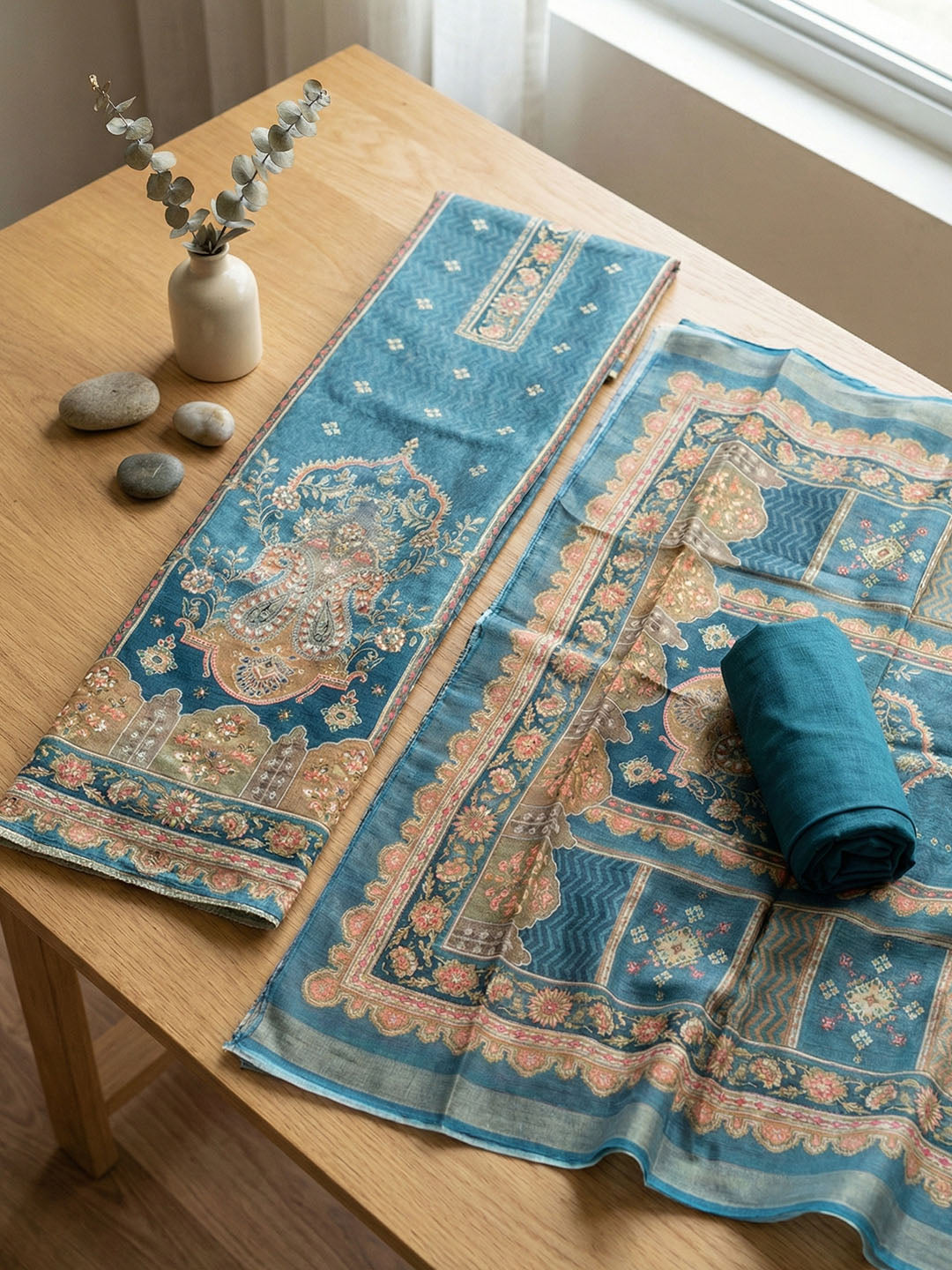 Embroidered Chanderi Unstitched Suit With Pant &amp; Dupatta