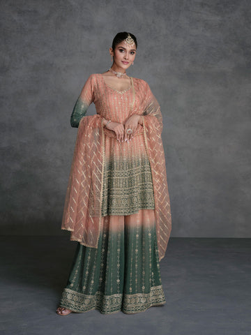 Embroidered Sequin Georgette Kurta With Palazzo And Dupatta