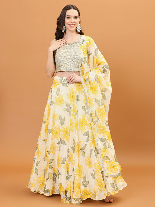 Floral Printed Organza Choli With Skirt & Dapatta