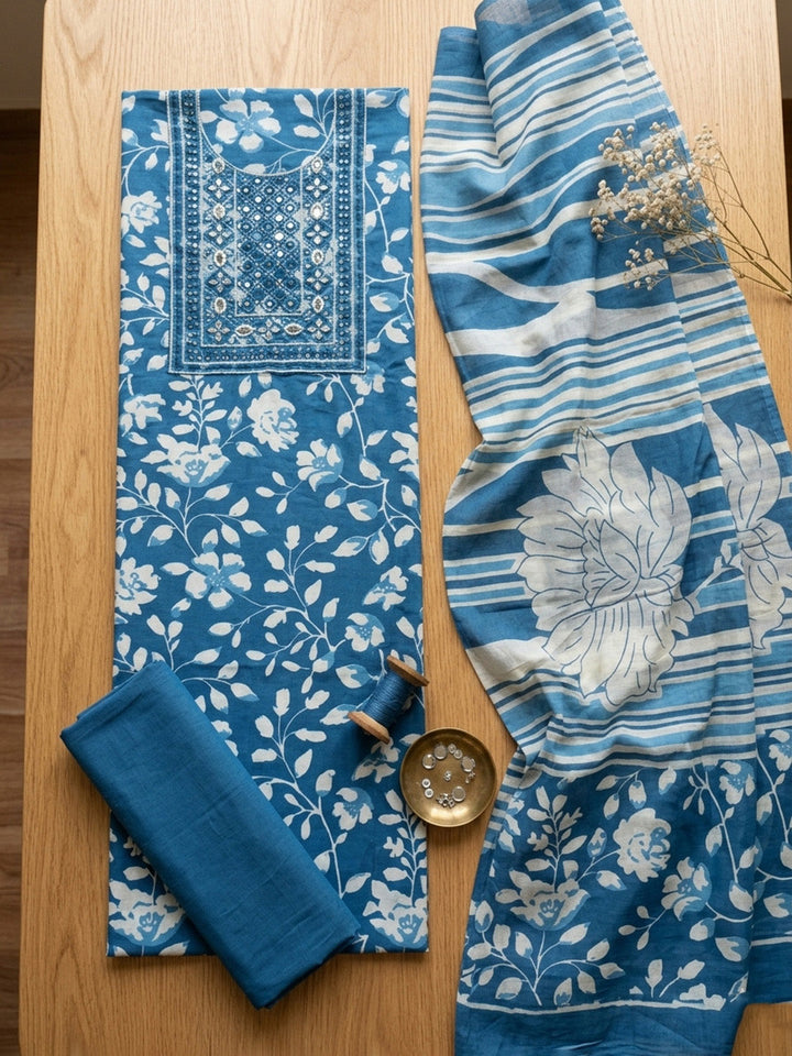 Embroidered Cotton Blend Unstitched Suit With Pant &amp; Dupatta