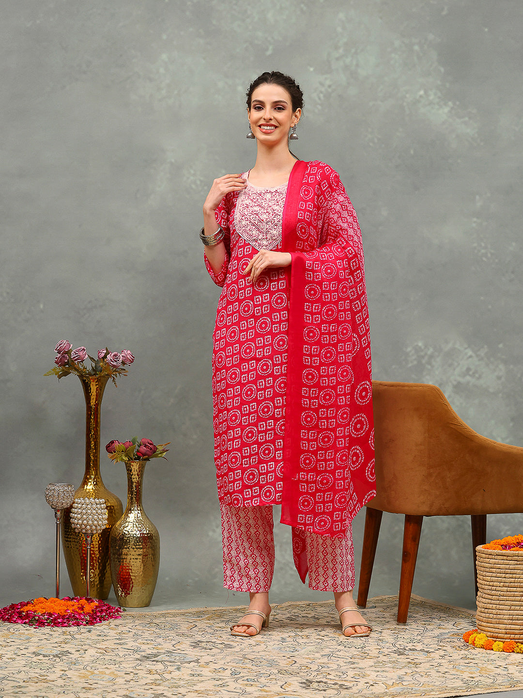 Printed Cotton Blend Kurta With Pants & Dupatta