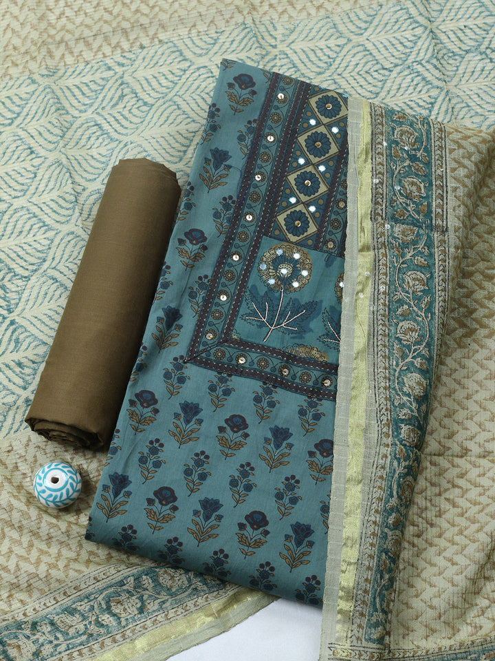 Printed Cotton Blend Unstitched Suit With Pant &amp; Dupatta