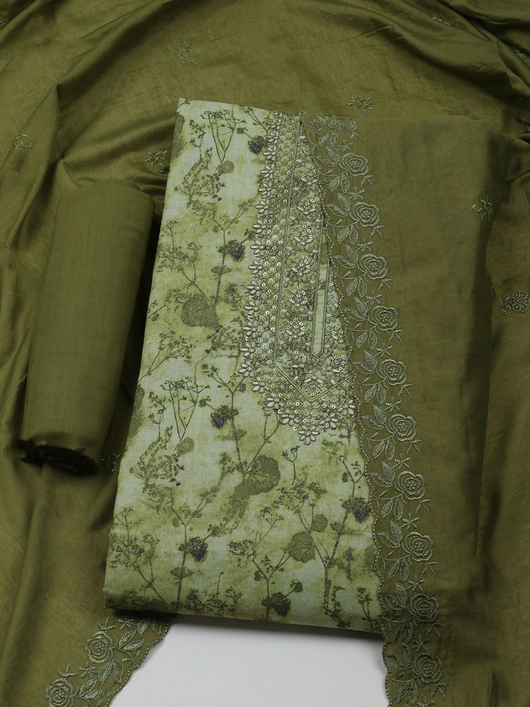 Embroidered Cotton Blend Unstitched Kurta With Pant & Dupatta