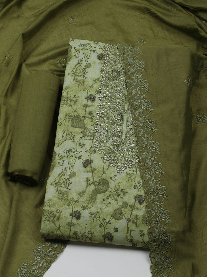Embroidered Cotton Blend Unstitched Kurta With Pant &amp; Dupatta