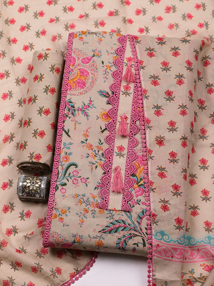 Embroidered Cotton Blend Unstitched Suit With Pant &amp; Dupatta