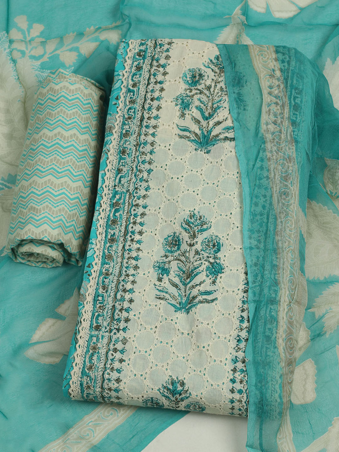Printed Cotton Unstitched Suit With Pant &amp; Dupatta