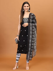 Neck Embroidered Cotton Unstitched Suit Piece With Printed Dupatta