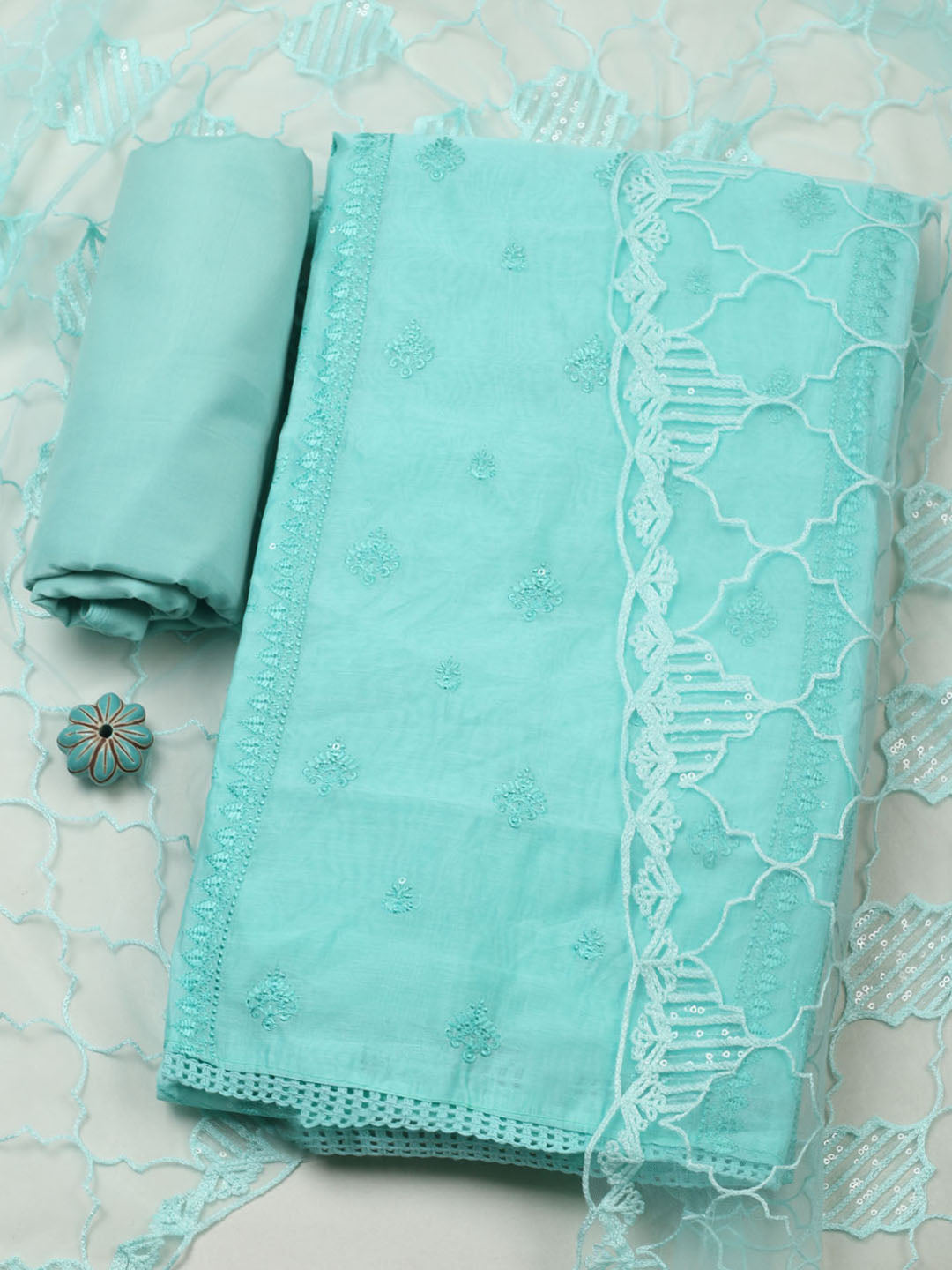 Embroidered Chanderi Unstitched Suit With Pant &amp; Dupatta