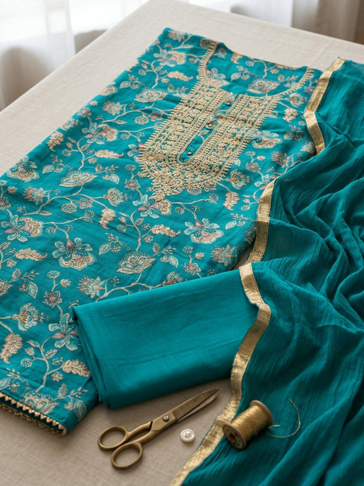 Embroidered Cotton Blend Unstitched Suit With Pant &amp; Dupatta