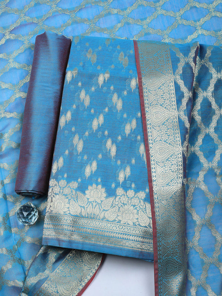 Woven Design Art Silk Unstitched Suit With Pant &amp; Dupatta