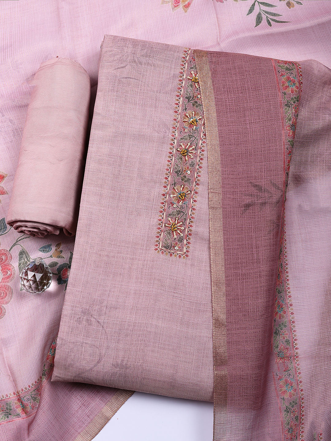 Embroidered Linen Blend Unstitched Suit With Pant Dupatta