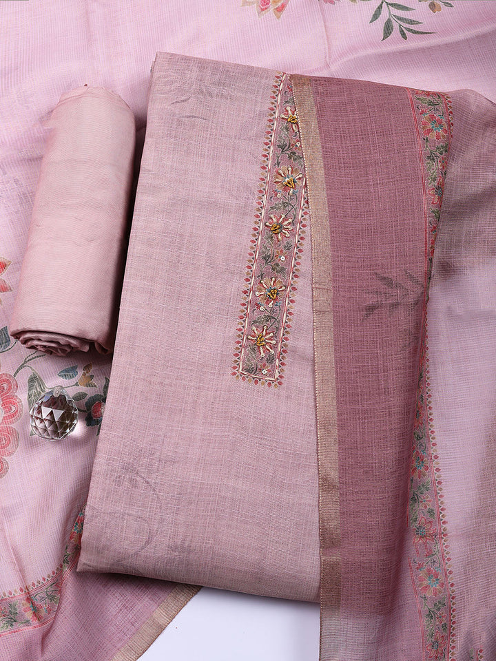 Embroidered Linen Blend Unstitched Suit With Pant Dupatta