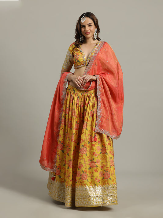 Printed & Embroidered Tissue Choli With Lehenga & Dupatta