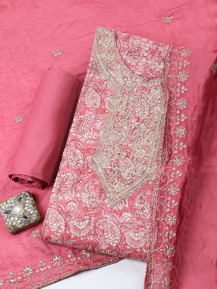 Printed Cotton Blend Unstitched Suit With Pant &amp; Dupatta