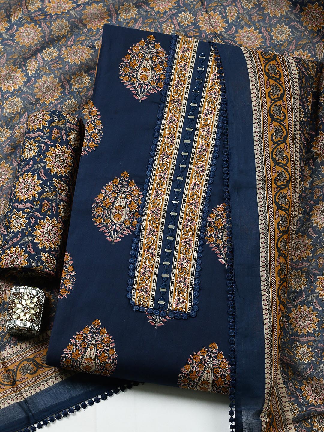 Embroidered Cotton Blend Unstitched Suit With Pant Dupatta