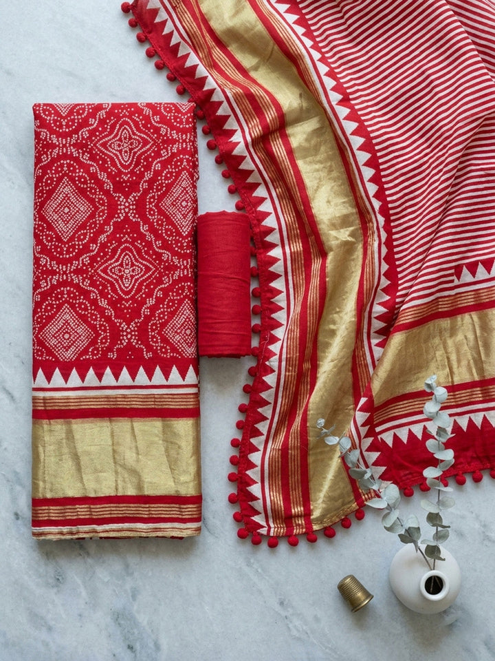 Embroidered Art Silk Unstitched Suit With Pant &amp; Dupatta