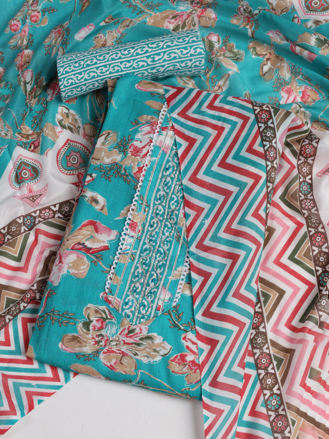 Neck Embroidered Cotton Blend Unstitched Suit With Dupatta
