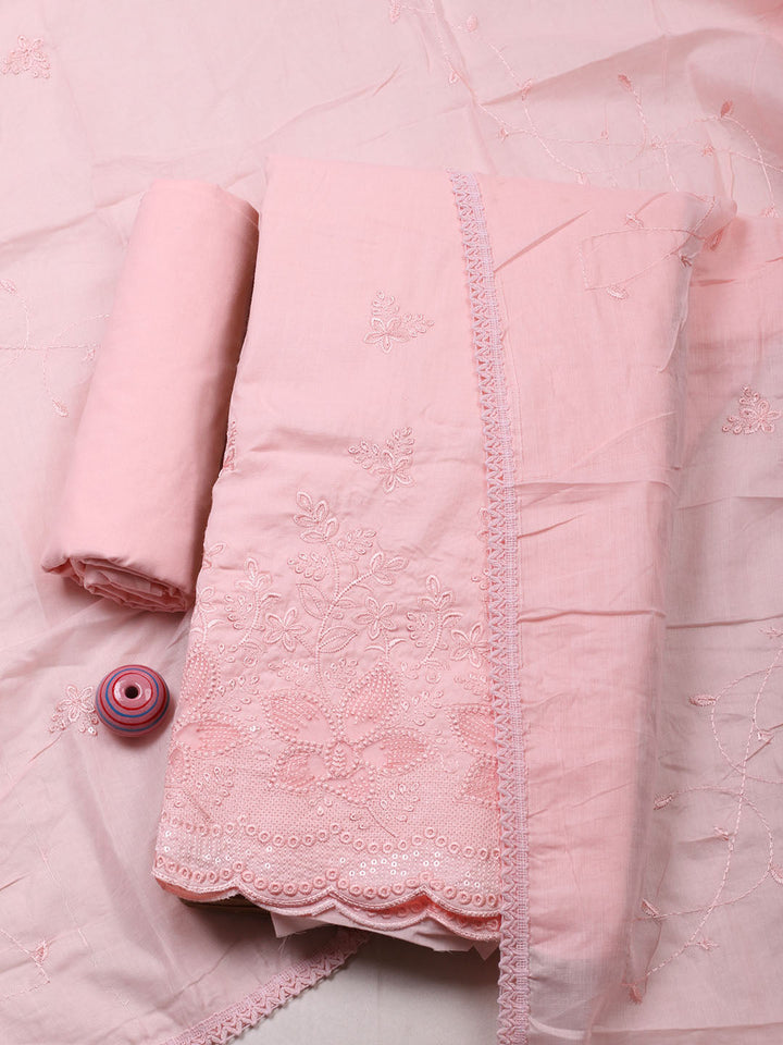 Embroidered Chanderi Unstitched Suit With Pant &amp; Dupatta