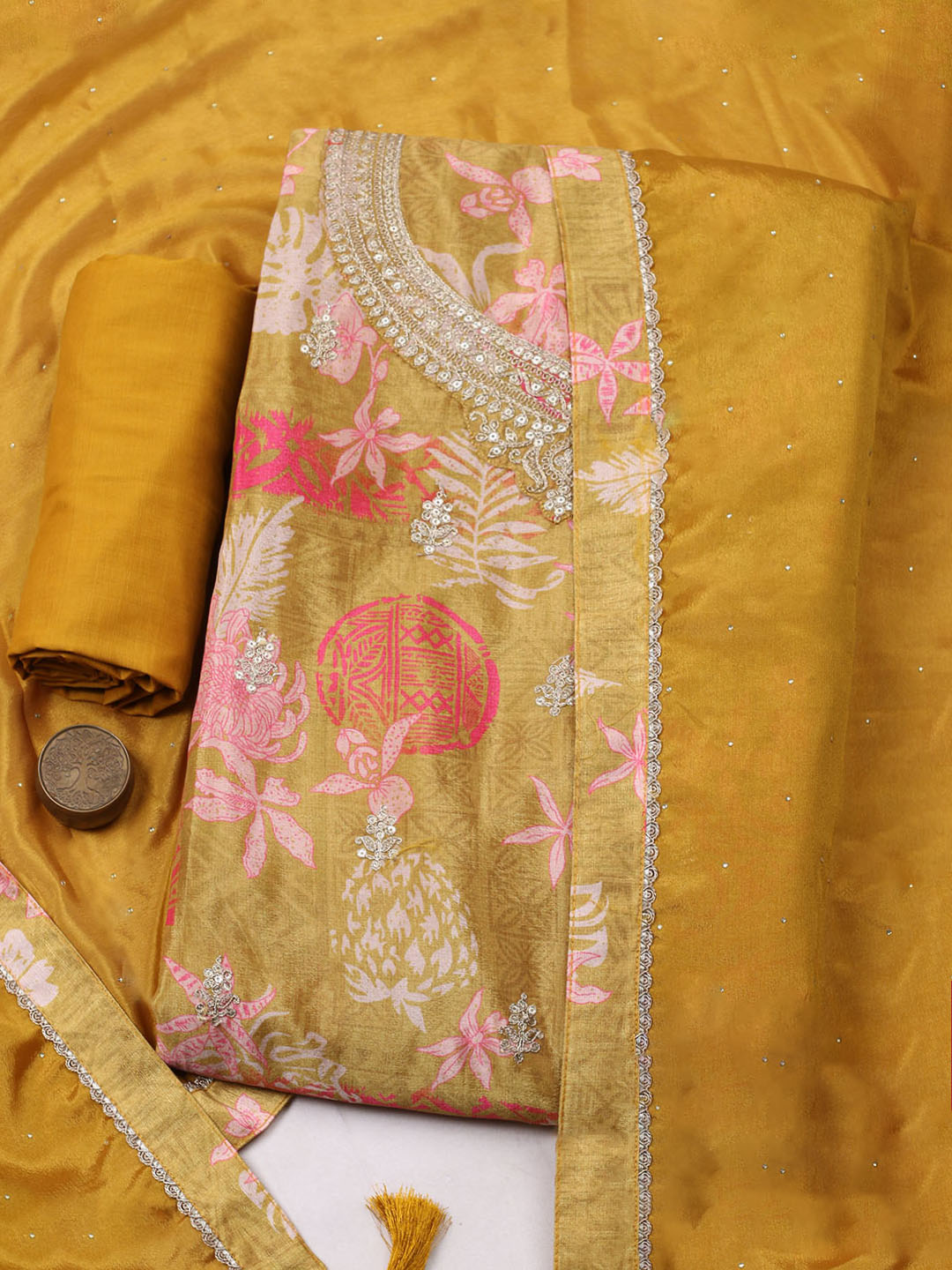 Embroidered Chinon Unstitched Suit With Pant &amp; Dupatta
