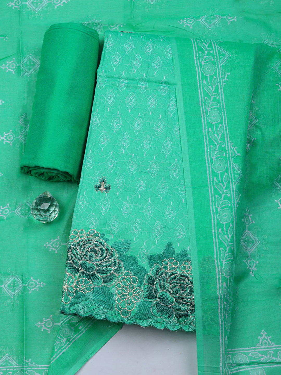 Printed Cotton Blend Unstitched Suit With Pant &amp; Dupatta