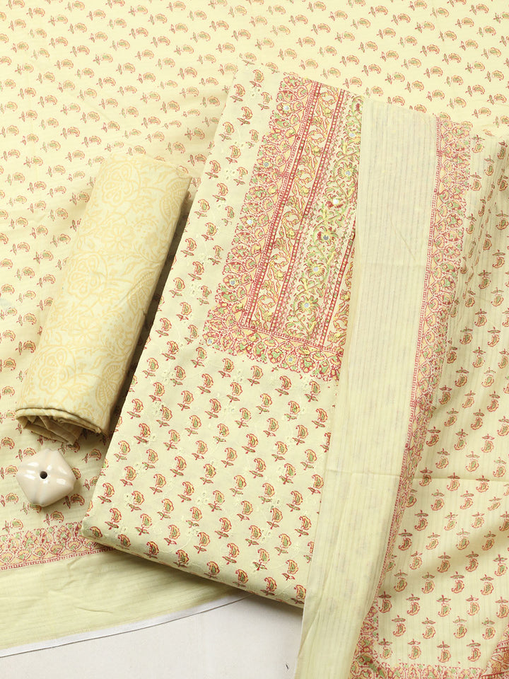 Printed Cotton Blend Unstitched Suit With Pant &amp; Dupatta