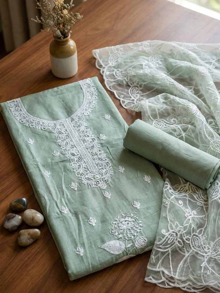 Printed Cotton Blend Unstitched Suit With Pant &amp; Dupatta