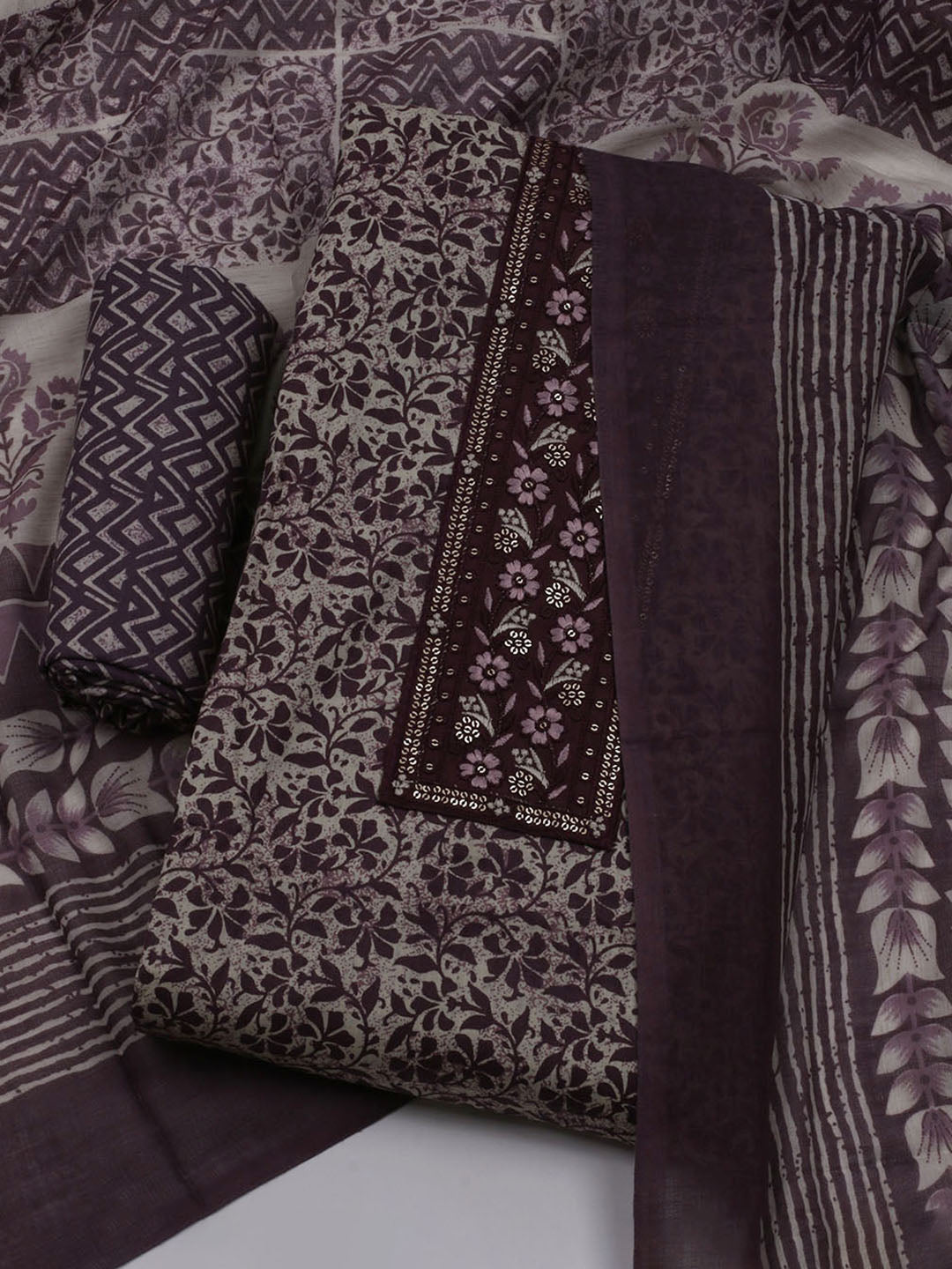 Printed Cotton Blend Unstitched Suit With Dupatta