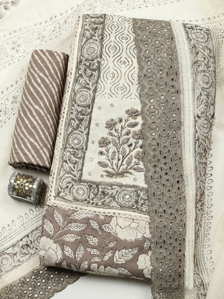 Printed Cotton Blend Unstitched Suit With Pant &amp; Dupatta
