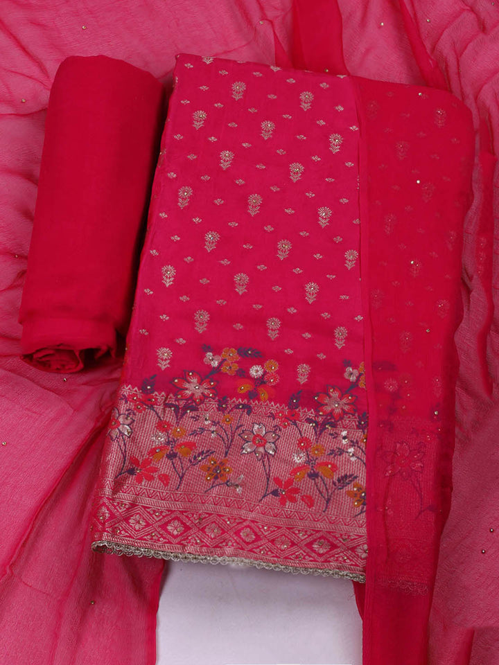 Woven Design Chanderi Unstitched Suit With Pant &amp; Dupatta