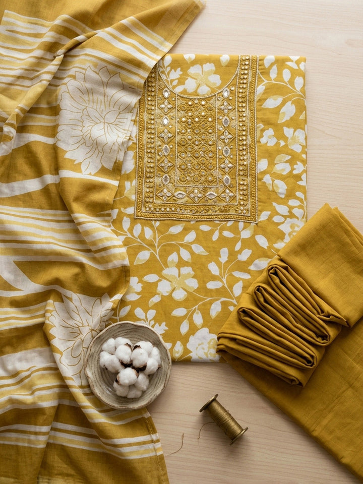 Embroidered Cotton Blend Unstitched Suit With Pant &amp; Dupatta