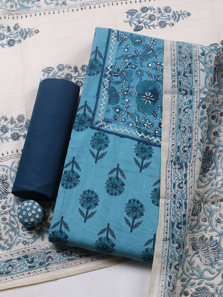 Printed Cotton Blend Unstitched Suit With Pant &amp; Dupatta