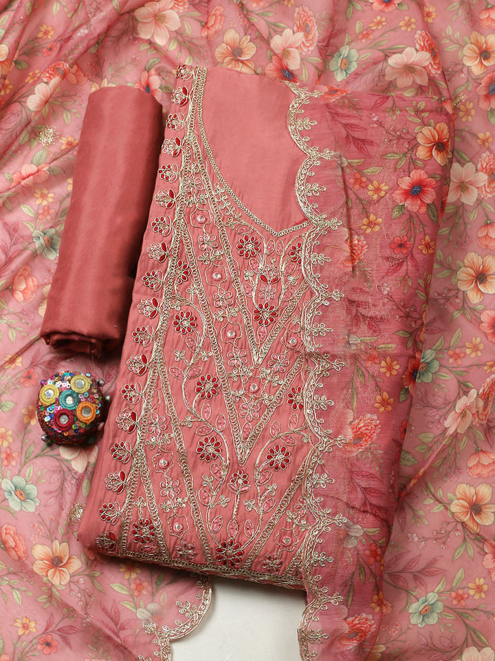 Embroidered Chanderi Unstitched Suit With Pant &amp; Dupatta