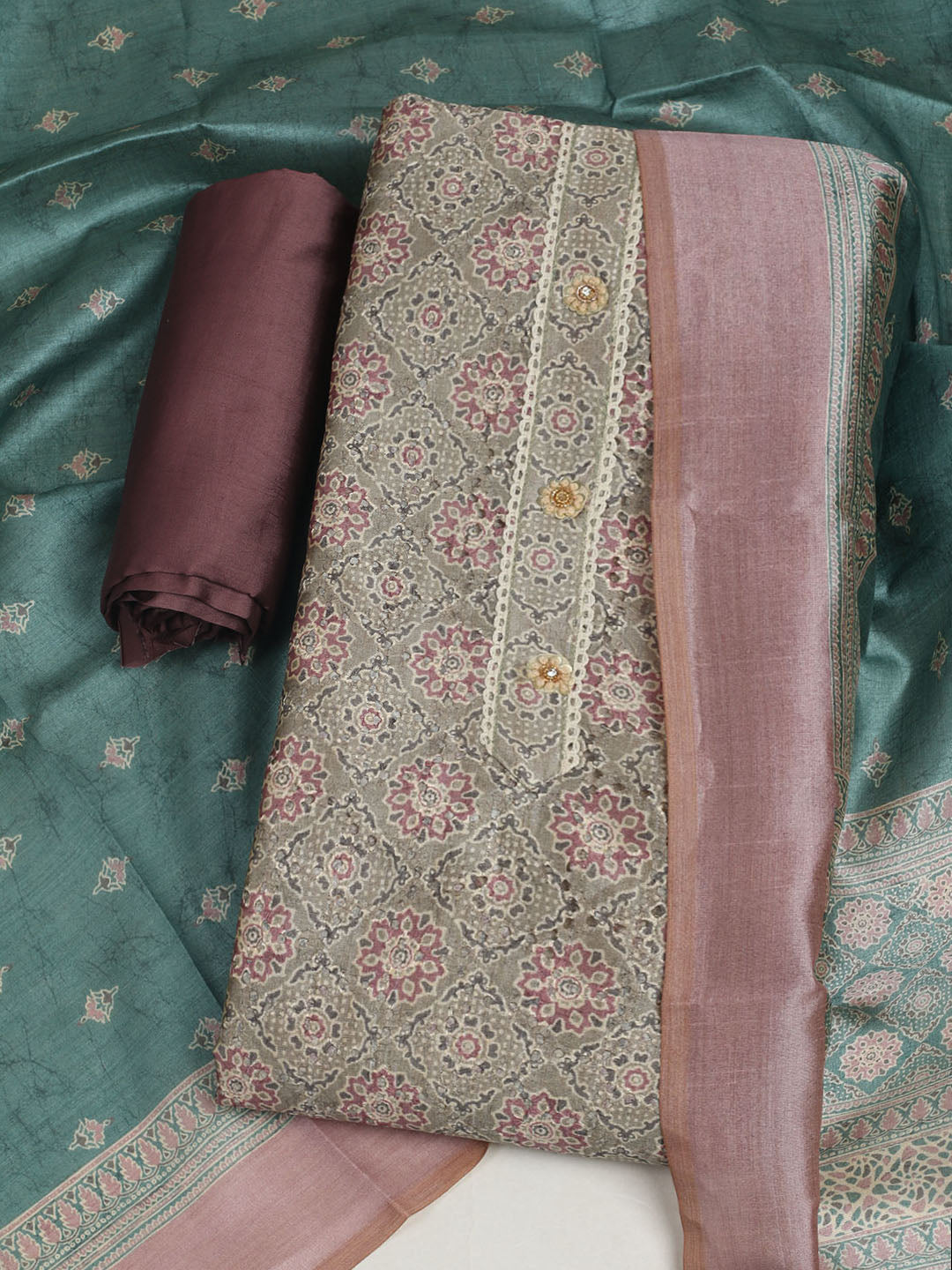 Printed Cotton Unstitched Suit With Pant &amp; Dupatta