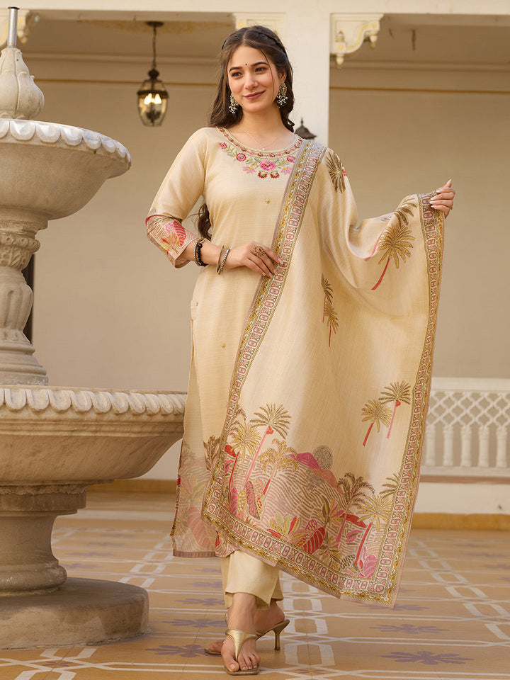 Embroidered Cotton Blend Kurta With Pants &amp; Dupatta