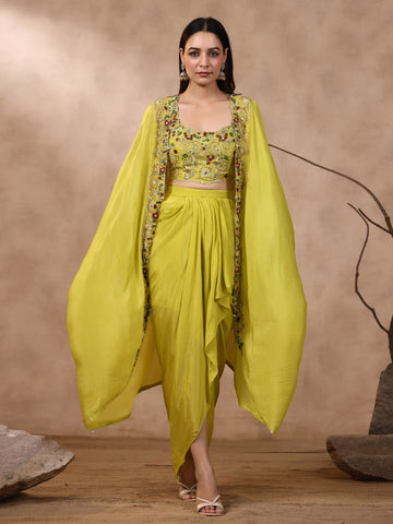 Thread Embroidered Crepe Choli With Pleated Skirt